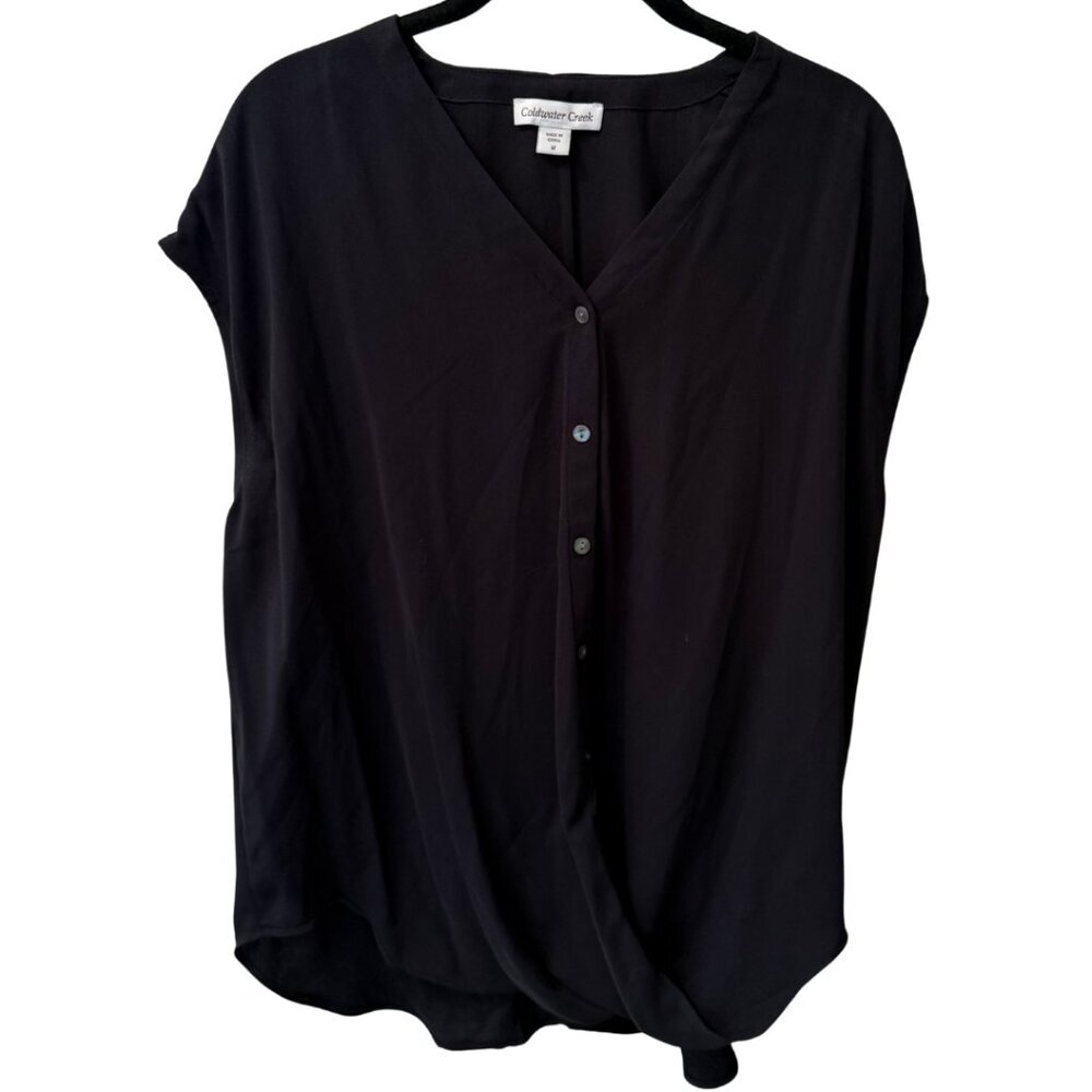 Coldwater Creek, V Neck Blouse, Button Front, Waist Tie, Cap Sleeve, M